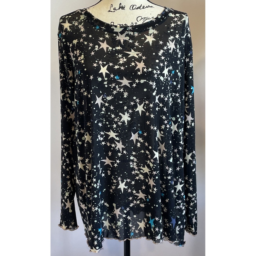 LOGO Layers Lori Goldstein Sheer Black Celestial Stars Top Blouse Shirt Tunic XL